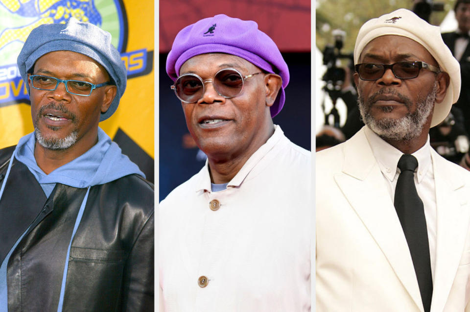 Three photos of Sam Jackson wearing Kangol cap over the years