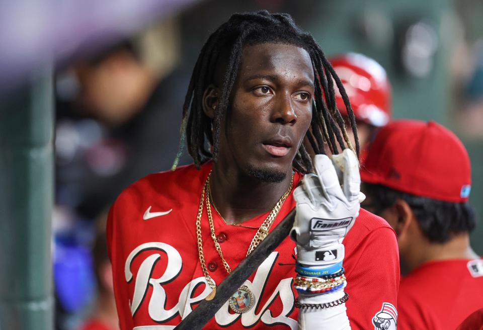 Jun 18, 2023; Houston, Texas, USA; Cincinnati Reds shortstop Elly De La Cruz (44) walks in the dugout before the sixth inning against the Houston Astros at Minute Maid Park. Mandatory Credit: Troy Taormina-USA TODAY Sports