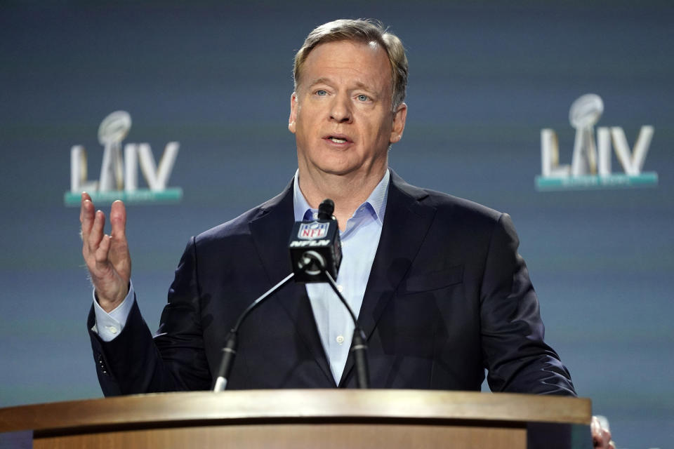 NFL Commissioner Roger Goodell answers a question during a news conference for the NFL Super Bowl 54 football game Wednesday, Jan. 29, 2020, in Miami. (AP Photo/David J. Phillip)