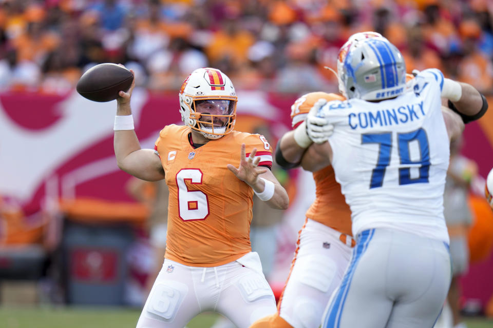 Tampa Bay Buccaneers quarterback Baker Mayfield (6) throws against the Detroit Lions during the first half of an NFL football game Sunday, Oct. 15, 2023, in Tampa, Fla. (AP Photo/Chris O'Meara)