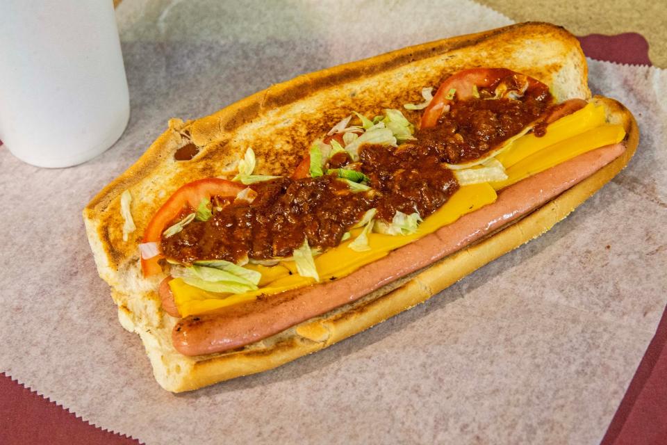 The cheese dog with chili, a customer favorite, is featured at the landmark restaurant The Dog House, near New Castle, Thursday, Dec. 7, 2023. The Dog House has been serving hot dogs since 1952 and under new ownership has a new breakfast menu.