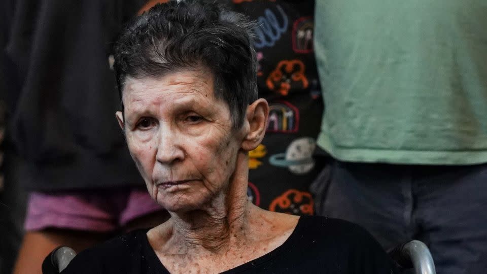 Yocheved Lifshitz, 85, an Israeli grandmother who was held hostage in Gaza for over two weeks, speaks to reporters a day after her release from captivity.  - Janis Laizans/Reuters