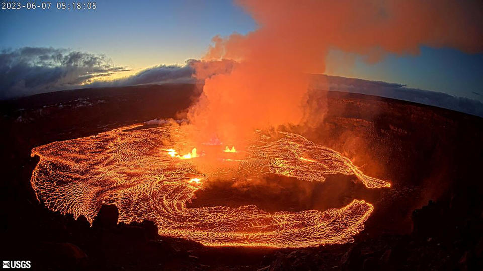 A lava lake forms at Halemaʻumaʻu as seen from the west rim of the Kilauea caldera.
