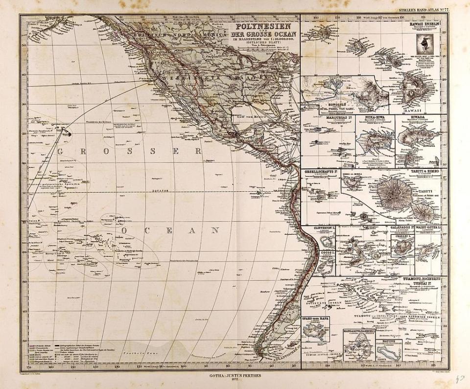 Mapa de la cuenca pacífica del continente americano y Polinesia