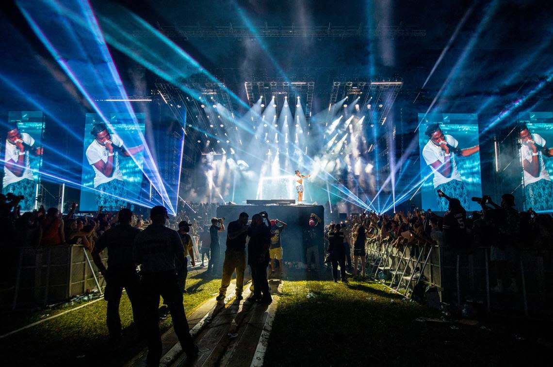 American rapper Lil Baby performs during the first day of Rolling Loud Miami, an international hip-hop festival, at Hard Rock Stadium in Miami Gardens, Florida, on Friday, July 23, 2021. The festival began in 2015.