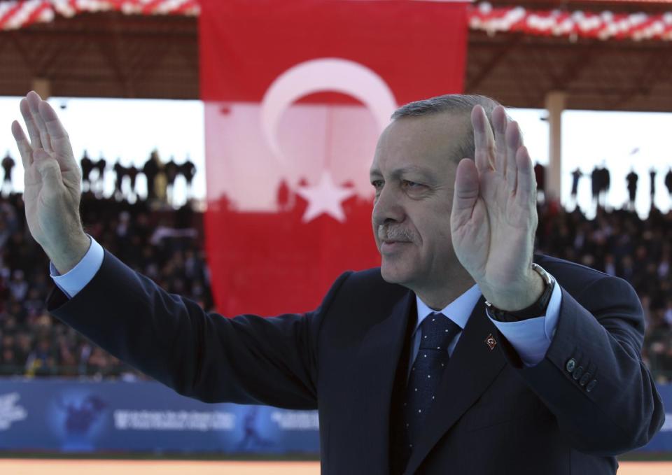 Turkey's President Recep Tayyip Erdogan salutes as he arrives to attend a ceremony marking the 102nd anniversary of Gallipoli campaign, in the Aegean port of Canakkale, near Gallipoli where troops under British command landed in 1915, Saturday, March 18, 2017. Turkish leaders, soldiers and flag-waving spectators are commemorating a World War I campaign in which Ottoman armies held off an Allied expeditionary force, a bloody event that helps to underpin staunch nationalism in Turkey today.(Kayhan Ozer/Presidential Press Service, Pool Photo via AP)