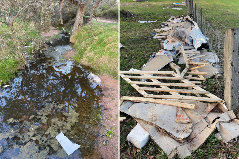 Two images showing dumped rubbish in Woodlands Historic Park near Melbourne Airport.