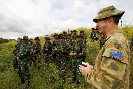 FILE PHOTO: Australian Army soldier Warrant Officer Class Two Stephen Wurst (R) briefs Indonesian Army personnel during 2014 Wira Jaya Exercise at RAAF Base Edinburgh in South Australia, September 18, 2014. Australian Defence Force/Handout via REUTERS/File Photo