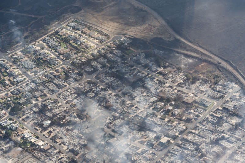 An aerial view show buildings damaged in Lahaina, Hawaii as a result of a large wildfire on August 9. File Photo by Carter Barto/EPA-EFE