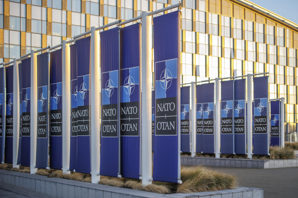 The NATO headquarters is pictured Wednesday, Nov. 16, 2022 in Brussels. Ambassadors from the 30 NATO nations gathered for emergency talks after Poland said that a Russian-made missile fell on its territory killing two people and U.S. President Joe Biden and his allies promised support for the investigation into the incident. (AP Photo/Olivier Matthys)