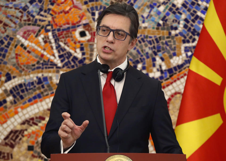 North Macedonia's President Stevo Pendarovski speaks, during a joint news conference with German President Frank-Walter Steinmeier, following their meeting at the presidential palace in Skopje, North Macedonia, on Tuesday, Nov. 29, 2022. German President Steinmeier is on a two-day official visit to North Macedonia. (AP Photo/Boris Grdanoski)