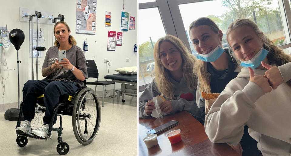 Left: Leanne Cattanach in a wheelchair after becoming paralysed. Right: Leanne Cattanach's three daughters Aimee, Aly and Tegan