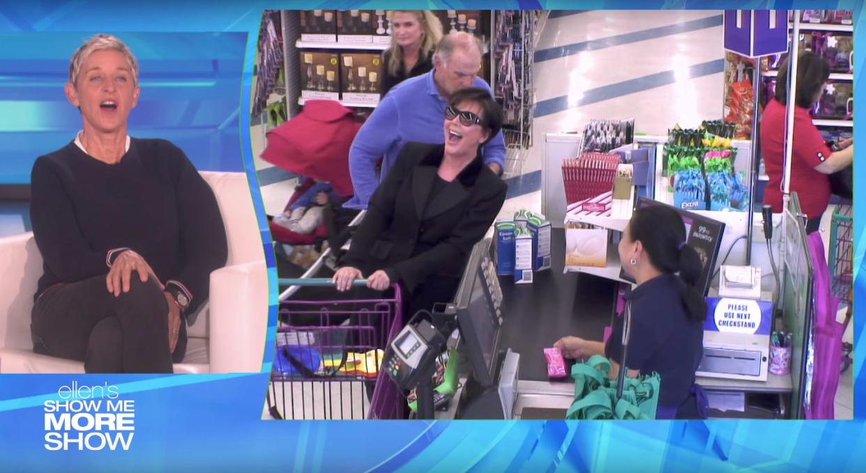 Kris Jenner,&nbsp;who was wearing an earpiece, is seen laughing on cue while shopping at a 99-cent store. (Photo: The Ellen Show)