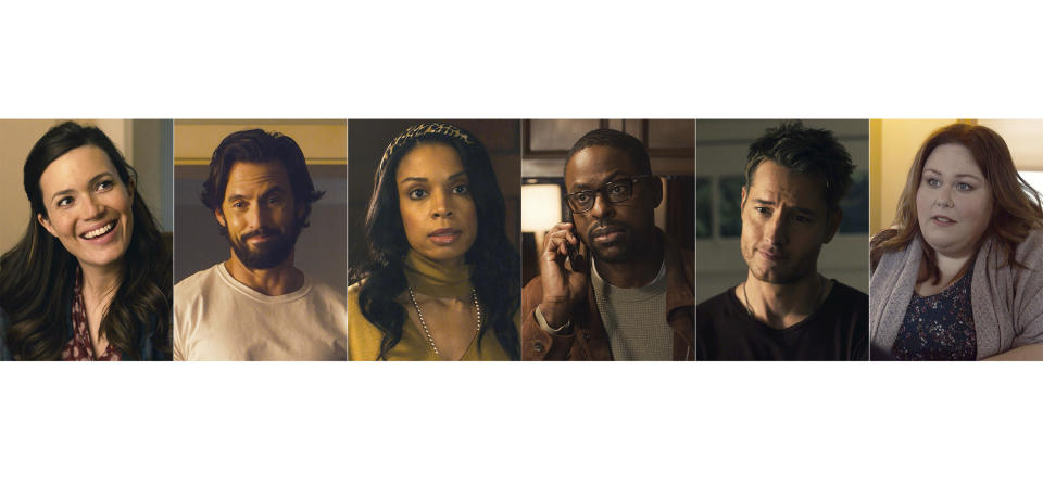 This combination of images released by NBC shows cast members of "This is Us," from left, Mandy Moore, Milo Ventimiglia, Susan Kelechi Watson, Sterling K. Brown, Justin Hartley and Chrissy Metz. “This Is Us” will air its sixth and final season. (NBC via AP)