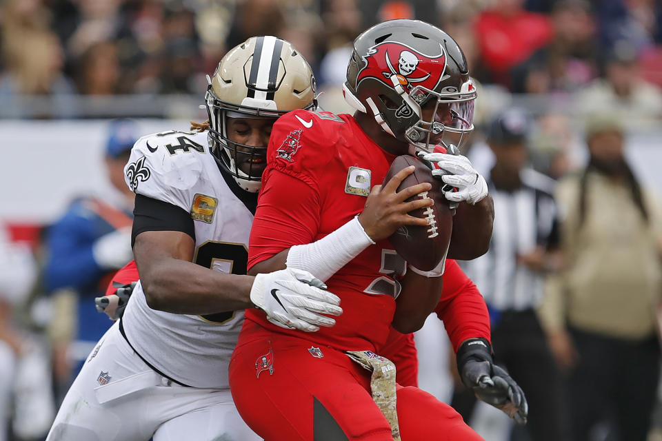 New Orleans Saints defensive end Cameron Jordan (94) sacks Tampa Bay Buccaneers quarterback Jameis Winston (3) during the second half of an NFL football game Sunday, Nov. 17, 2019, in Tampa, Fla. (AP Photo/Mark LoMoglio)