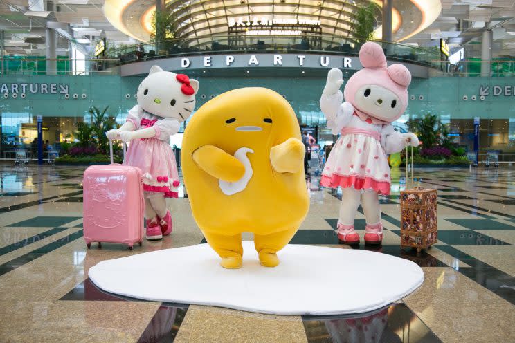 Sanrio characters Hello Kitty, Gudetama and My Melody at Singapore Changi Airport (Photo: Changi Airport Group)