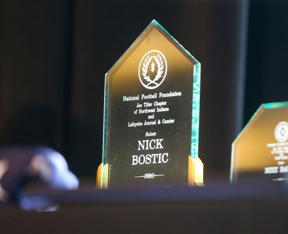 A photo of the Citizenship/Hero Award from the Joe Tiller Chapter of Northwest Indiana, National Football Foundation, on Sunday, in West Lafayette, Ind.