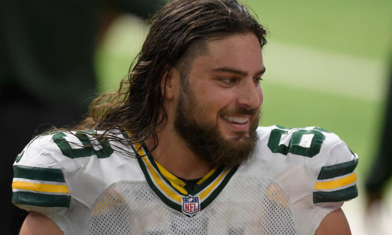 David Bakhtiari #69 of the Green Bay Packers looks on