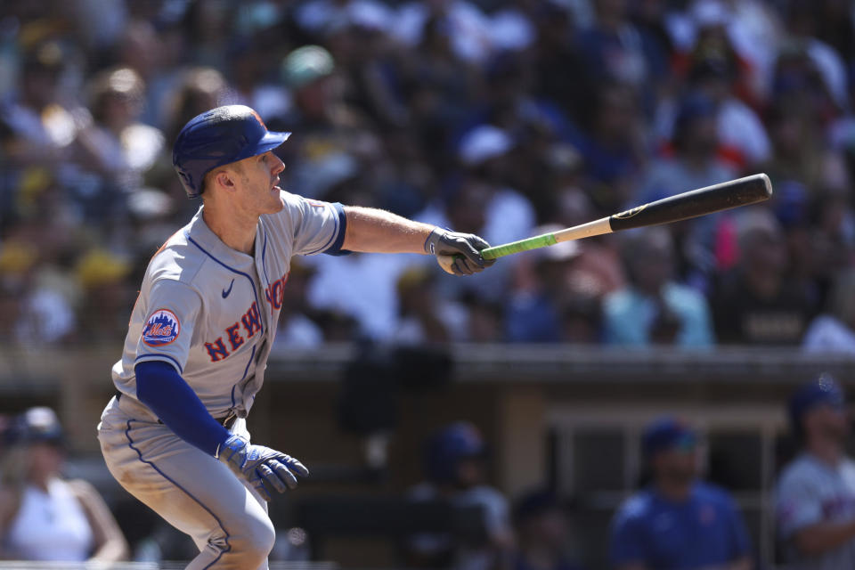 New York Mets' Mark Canha watches his two-RBI double against the San Diego Padres in the eighth inning of a baseball game Sunday, July 9, 2023, in San Diego. (AP Photo/Derrick Tuskan)
