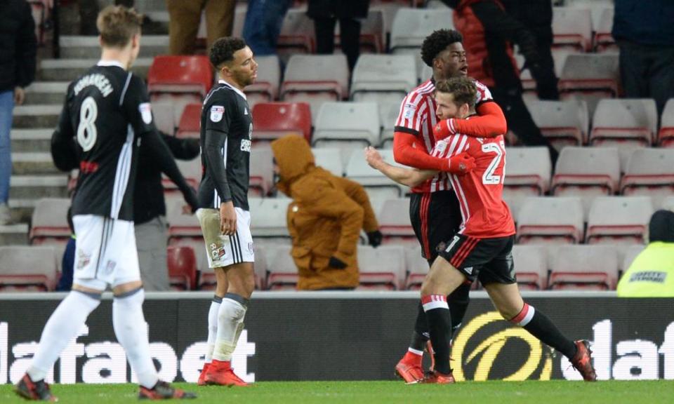 Josh Maja celebrates scoring Sunderland’s first goal against Fulham.