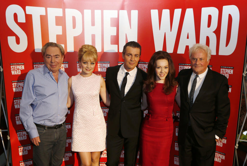 FILE - This is a Monday, Sept. 30, 2013 file photo of from left, composer Andrew Lloyd Webber, actress Charlotte Blackledge, who plays model and showgirl Mandy Rice Davies, actor Alexander Hanson, as osteopath Stephen Ward, Charlotte Spencer starring as showgirl Christine Keeler, and director Richard Eyre, during the launch photocall of Lloyd Webber's new musical 'Stephen Ward', in London. It's curtains for Andrew Lloyd Webber's latest musical in London's West End. Producers say "Stephen Ward," a tale of sex and scandal based on a real Cold War episode, will close March 29 2014 after run of less than four months. The play opened in December to mixed reviews. It stars Alexander Hanson, a well-connected osteopath caught up in a scandal involving a young model, a British Cabinet minister and a Soviet attache. It was the composer's first new show since “Phantom of the Opera” sequel "Love Never Dies" in 2010, and featured book and lyrics by Christopher Hampton and Don Black. (AP Photo/Sang Tan, File)