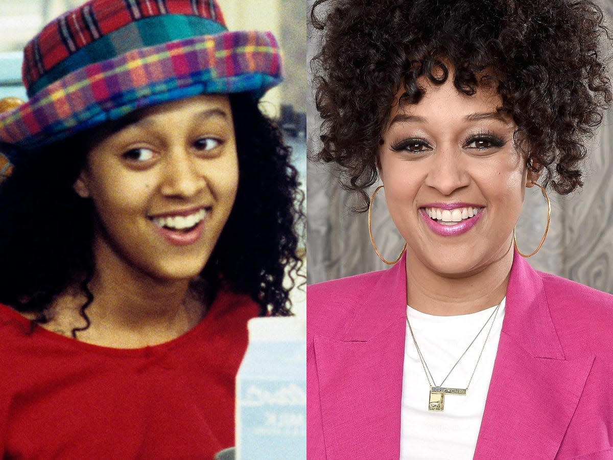 (left) tia mowry on sister sister (right) tia mowry on the red carpet in 2020