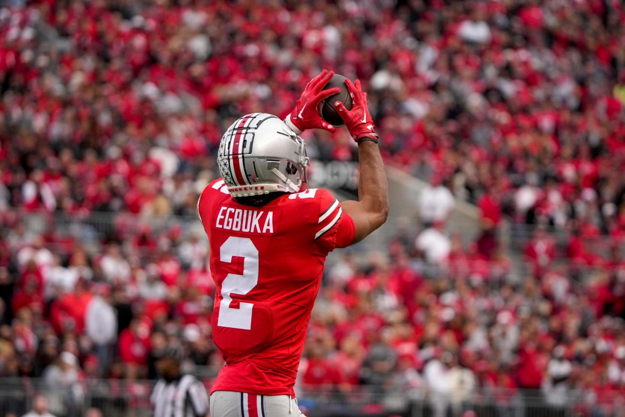 Oct 1, 2022; Columbus, Ohio, USA; Ohio State Buckeyes wide receiver Emeka Egbuka (2) catches a pass during the third quarter of the NCAA Division I football game between the Ohio State Buckeyes and the Rutgers Scarlet Knights at Ohio Stadium. Mandatory Credit: Joseph Scheller-The Columbus Dispatch