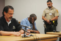 <p>Bruce Fromong testifies for former NFL football star O.J. Simpson, far right, during Simpson’s hearing at the Lovelock Correctional Center in Lovelock, Nev., on Thursday, July 20, 2017. Fromong, one of the sports memorabilia dealers in the robbery that put Simpson in prison, told the Nevada parole board that the former sports star apologized to him and he accepted it. (Jason Bean/The Reno Gazette-Journal via AP, Pool) </p>