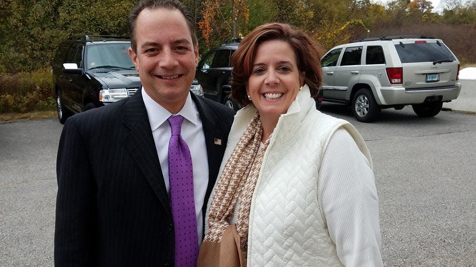 Republican National Committee chair Reince Priebus and New Hampshire Republican Party chair Jennifer Horn in October 2016 in New Hampshire.