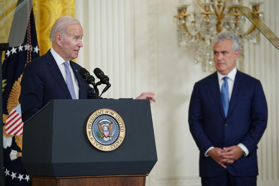 President Joe Biden officially welcomes incoming White House Chief of Staff Jeff Zients at a White House staff transition event in the East Room on February 1, 2023. -