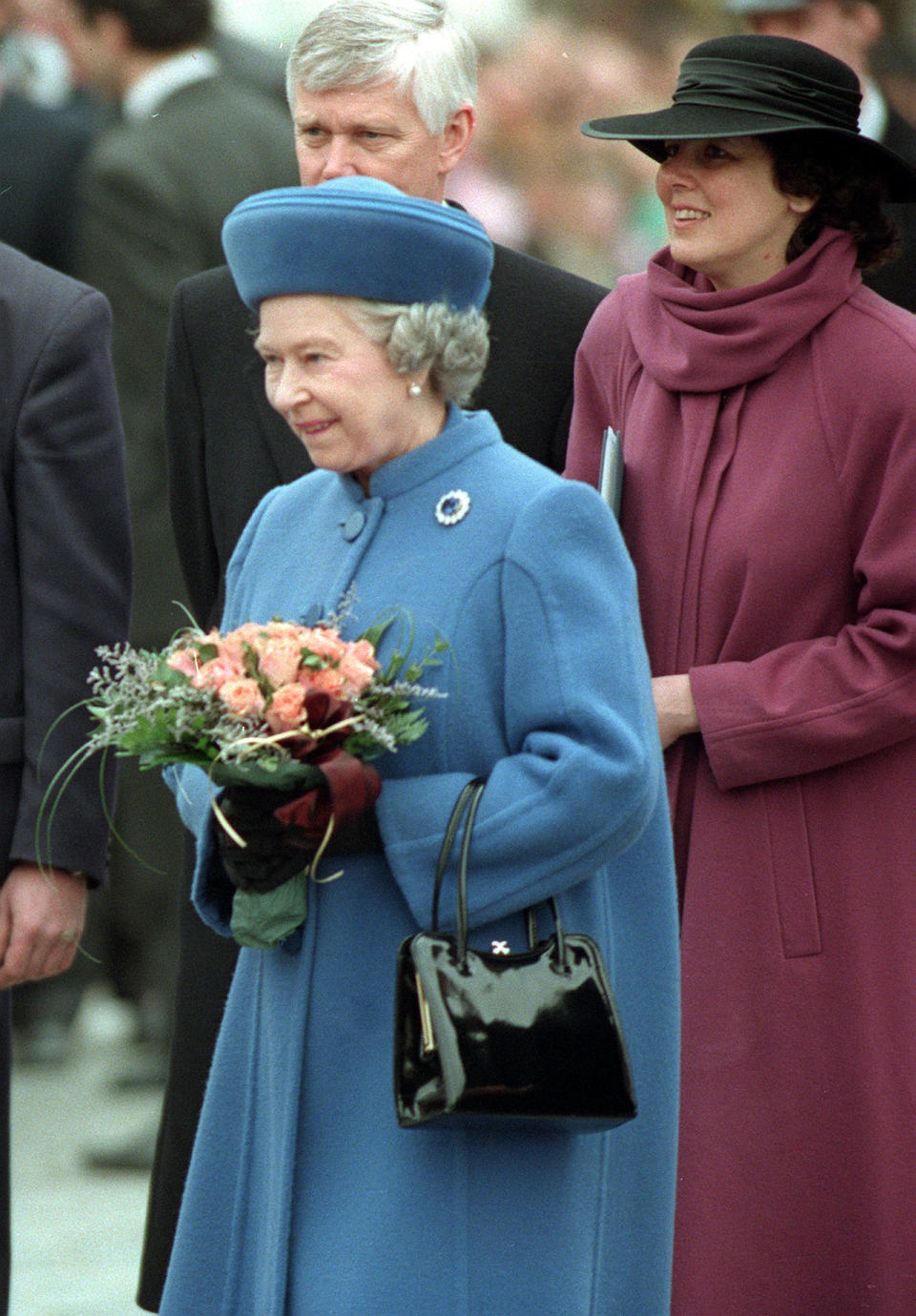 The Queen meets Czechs during her visit to Prague, their capital. The Queen and the Duke of Edinburgh later left the Czech Republic after a  three day visit. The Queen is wearing the Prince Albert Brooch, crafted from Diamonds and a large Sapphire, a gift from Prince Albert of Saxe-Coburg-Gotha to Queen Victoria on the eve of their wedding in 1840.   (Photo by John Stillwell - PA Images/PA Images via Getty Images)