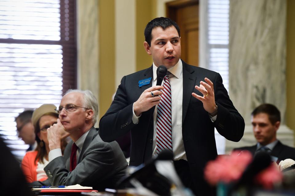 This March 27, 2019 photo shows Montana Democratic Sen. Shane Morigeau of Missoula speaking on the floor of the state House in Helena, Montana, during the legislative session.  Morigeau said the 2021 legislative session has been "a nightmare for Indian Country and Montana Indians," in part due to bills that could make it more difficult for Native Americans living on reservations to vote and the removal of Margarett Campbell from the Montana Human Rights Commission, which leaves the commission without Native American representation for the fist time in at least 16 years. (Thom Bridge/Independent Record via AP)