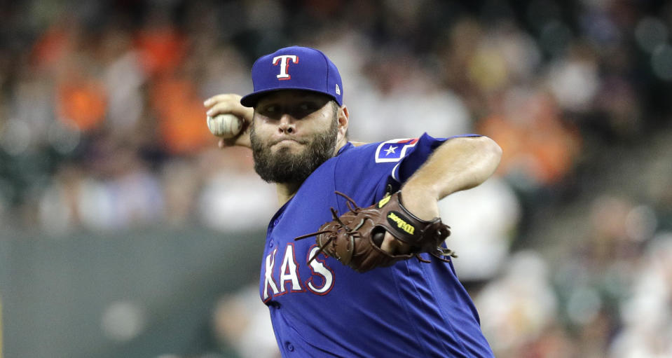 Texas Rangers starting pitcher Lance Lynn throws against the Houston Astros during the first inning of a baseball game Tuesday, Sept. 17, 2019, in Houston. (AP Photo/David J. Phillip)