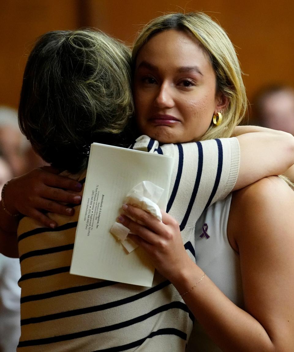 Alexis Ruhlen after reading her victim impact statement at the Bergen County Courthouse, Monday, April 15, 2024, in Hackensack. Ruhlen detailed approximately 18 months that she was emotionally and physically abused by her ex-boyfriend, Pawel Sliwinski (not shown). Sliwinski, who pleaded guilty to first degree kidnapping and other charges was sentenced to seven years in prison.