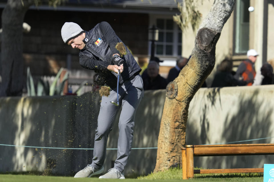 Peter Malnati hits from the third tee of the Monterey Peninsula Country Club Shore Course during the first round of the AT&T Pebble Beach Pro-Am golf tournament in Pebble Beach, Calif., Thursday, Feb. 3, 2022. (AP Photo/Tony Avelar)