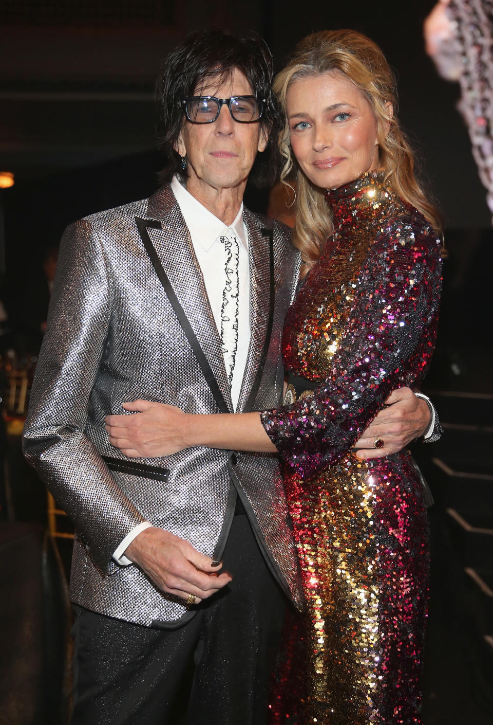 Paulina Porizkova and Ric Ocasek pose at the Rock & Roll Hall of Fame Induction Ceremony on April 14, 2018