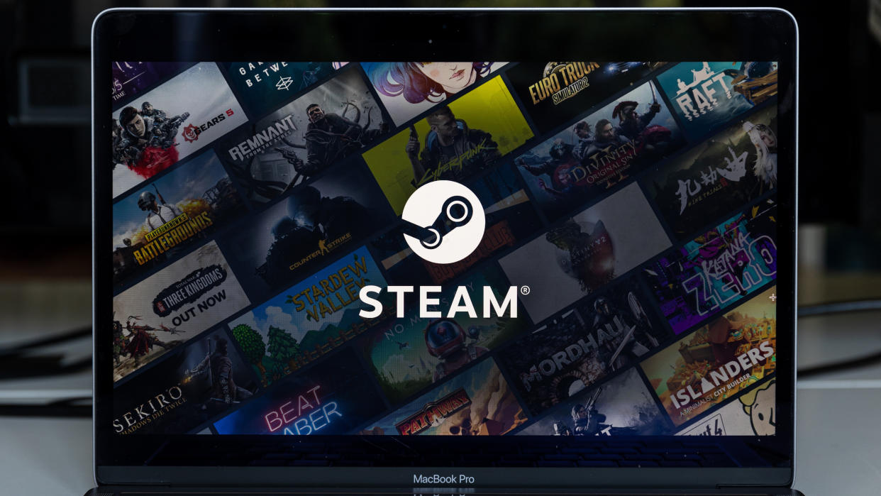  An image of a computer screen with the Steam logo on top of various steam game titles 