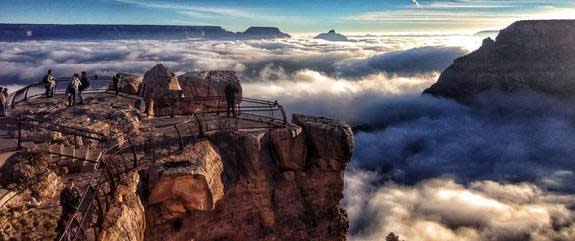 The Grand Canyon, filled with fog, in a rare weather event called a temperature inversion.
