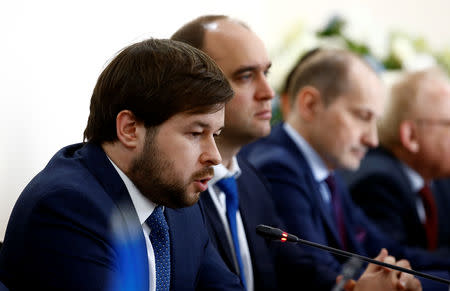 Russian Deputy Energy Minister Pavel Sorokin speaks during talks on fixing tainted oil supplies to Europe, in Minsk, Belarus April 26, 2019. REUTERS/Vasily Fedosenko