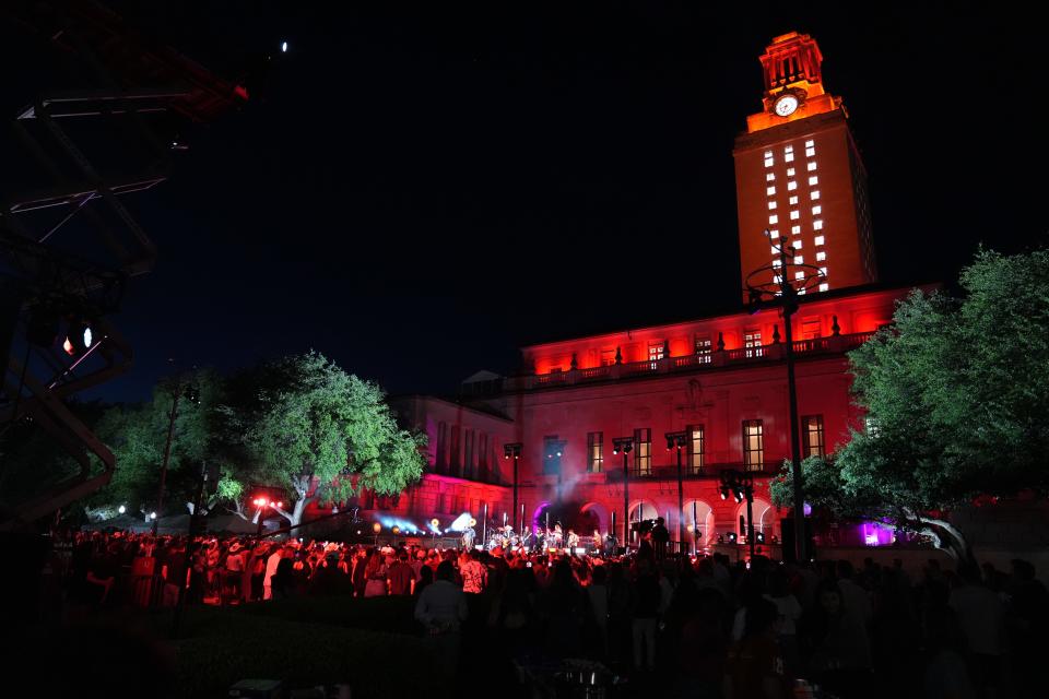 Fans watch Jordan Davis and NEEDTOBREATHE perform at UT's Bell Tower on Friday, April 5, 2024.