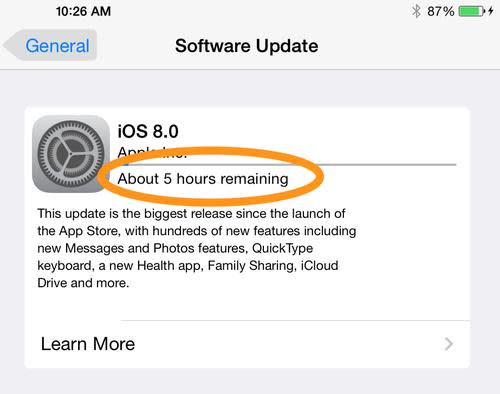 iOS 8 update estimate time of 5 hours