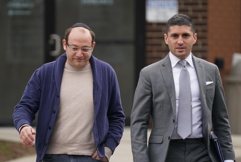 Rockland therapist Daniel Dresdner, left, with attorney Jacob Kaplan, exit Town of Haverstraw Justice Court in Garnerville, on Thursday, March 23, 2023. Dresdner is accused of abusing his clients.