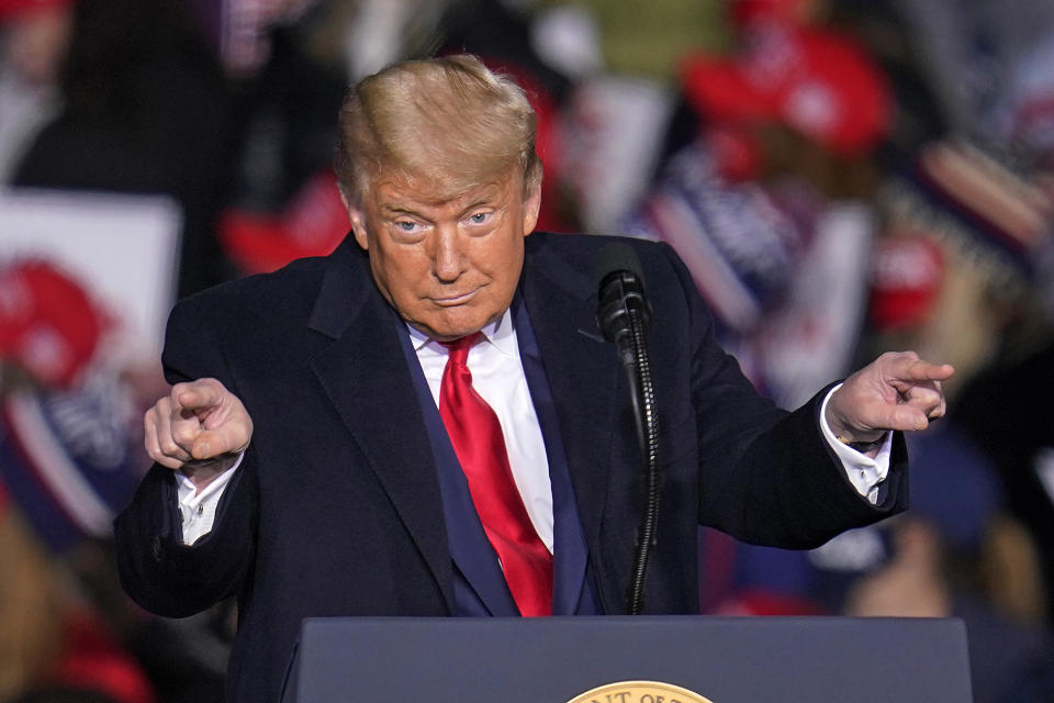 President Donald Trump speaks during a campaign rally at Erie International Airport Tom Ridge Field in Erie, Pa, Tuesday, Oct. 20, 2020. (AP Photo/Gene J. Puskar)