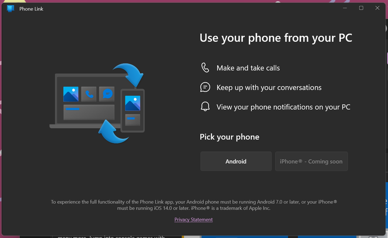 A screenshot of the Phone Link app 