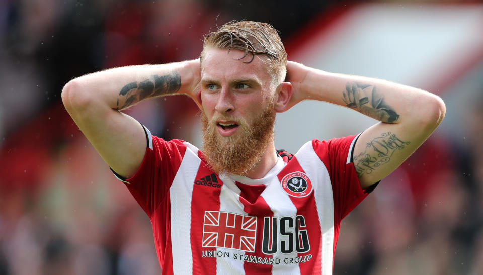 Sheffield United's Oliver McBurnie reacts during the Premier League match at Bramall Lane, Sheffield. (Photo by Richard Sellers/PA Images via Getty Images)