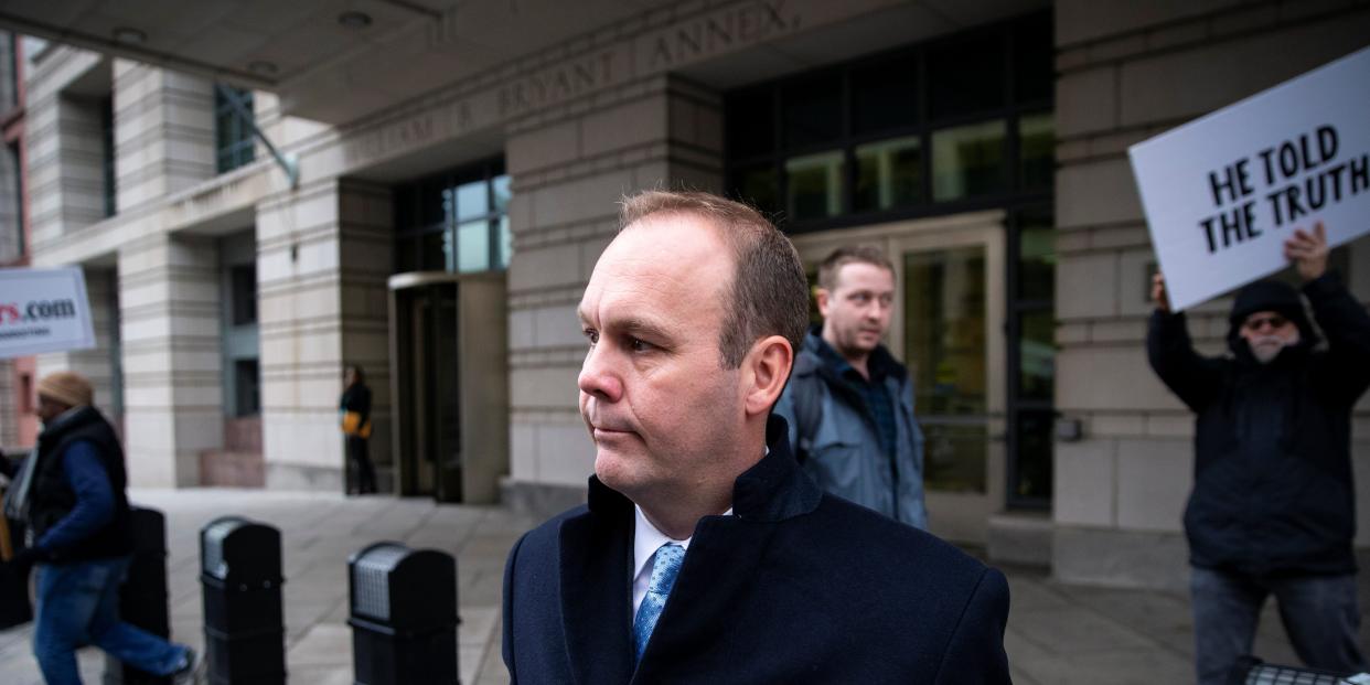 FILE PHOTO: Rick Gates, former campaign aide to U.S. President Donald Trump, departs federal court after being sentenced to 45 days in jail and three years probation, in Washington, DC, U.S., December 17, 2019. REUTERS/Al Drago