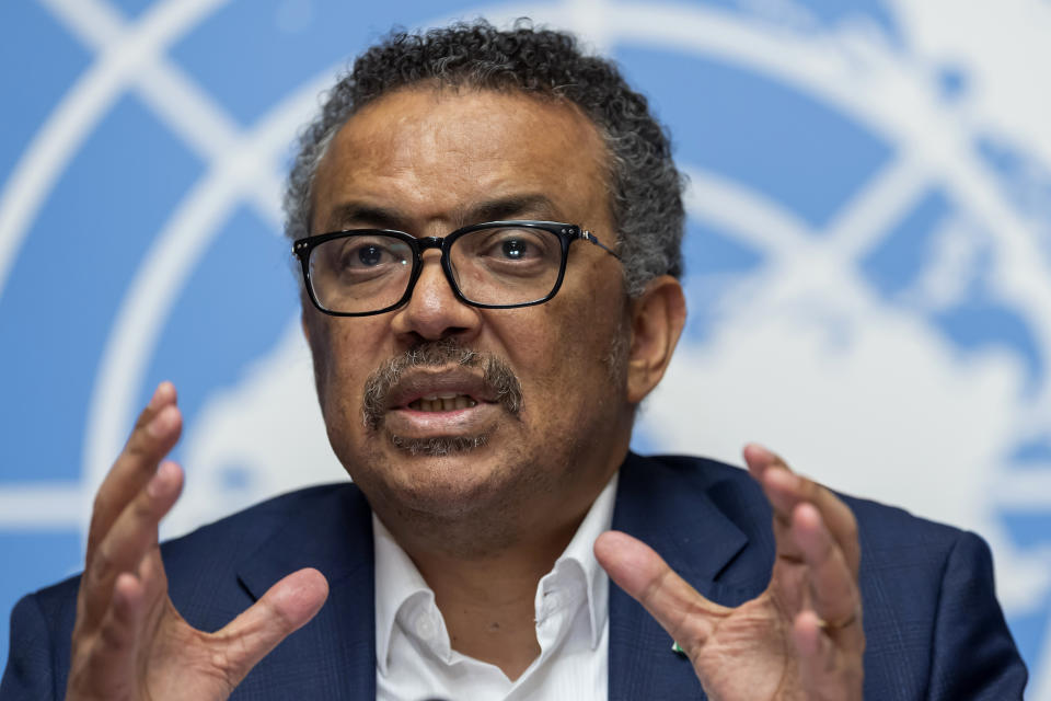 FILE-In this March 14, 2019 file photo Tedros Adhanom Ghebreyesus, Director-General of the World Health Organization (WHO), speaks at the European headquarters of the United Nations in Geneva, Switzerland. The World Health Organization’s director-general has faced many challenges during the coronavirus pandemic: racial slurs, death threats, social media caricatures — he was once depicted as a ventriloquist’s dummy in the hands of Chinese President Xi Jinping — and U.S. funding cuts. (Martial Trezzini/Keystone via AP)