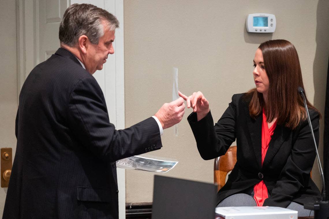 Prosecutor John Meadors asks for information about a photograph from Laura Rutland, CCSO crime scene investigator, during Alex Murdaugh’s trial for murder at the Colleton County Courthouse on Friday, January 27, 2023. Joshua Boucher/The State/Pool