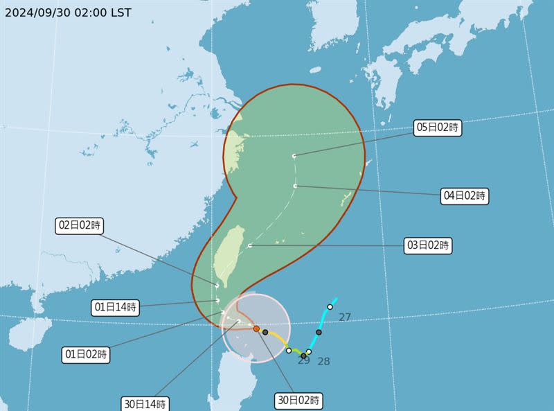 山陀兒颱風預計在週二至週四上半天影響台灣最劇。（圖／翻攝自氣象署）