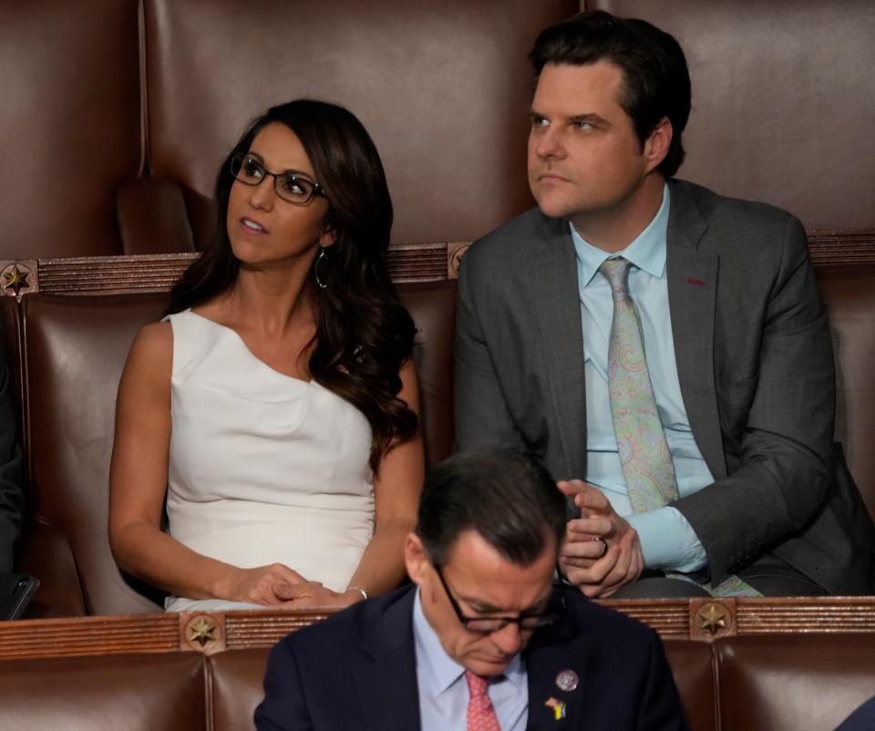 Congressman Matt Gaetz and Colorado U.S. Rep. Lauren Boebert, seen here before Ukraine President Volodymyr Zelenskyy's speech to Congress last month, both voted against Republican Kevin McCarthy on Tuesday and Wednesday.